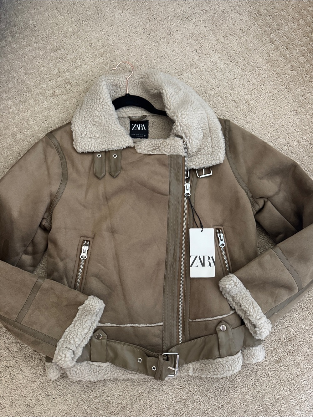 ZARA Taupe Suede faux fur lined XL Aviator Jacket with Cream Lining